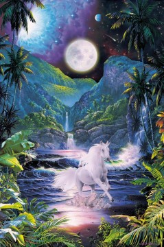  lune Tableau - licorne sous lune chevaux
